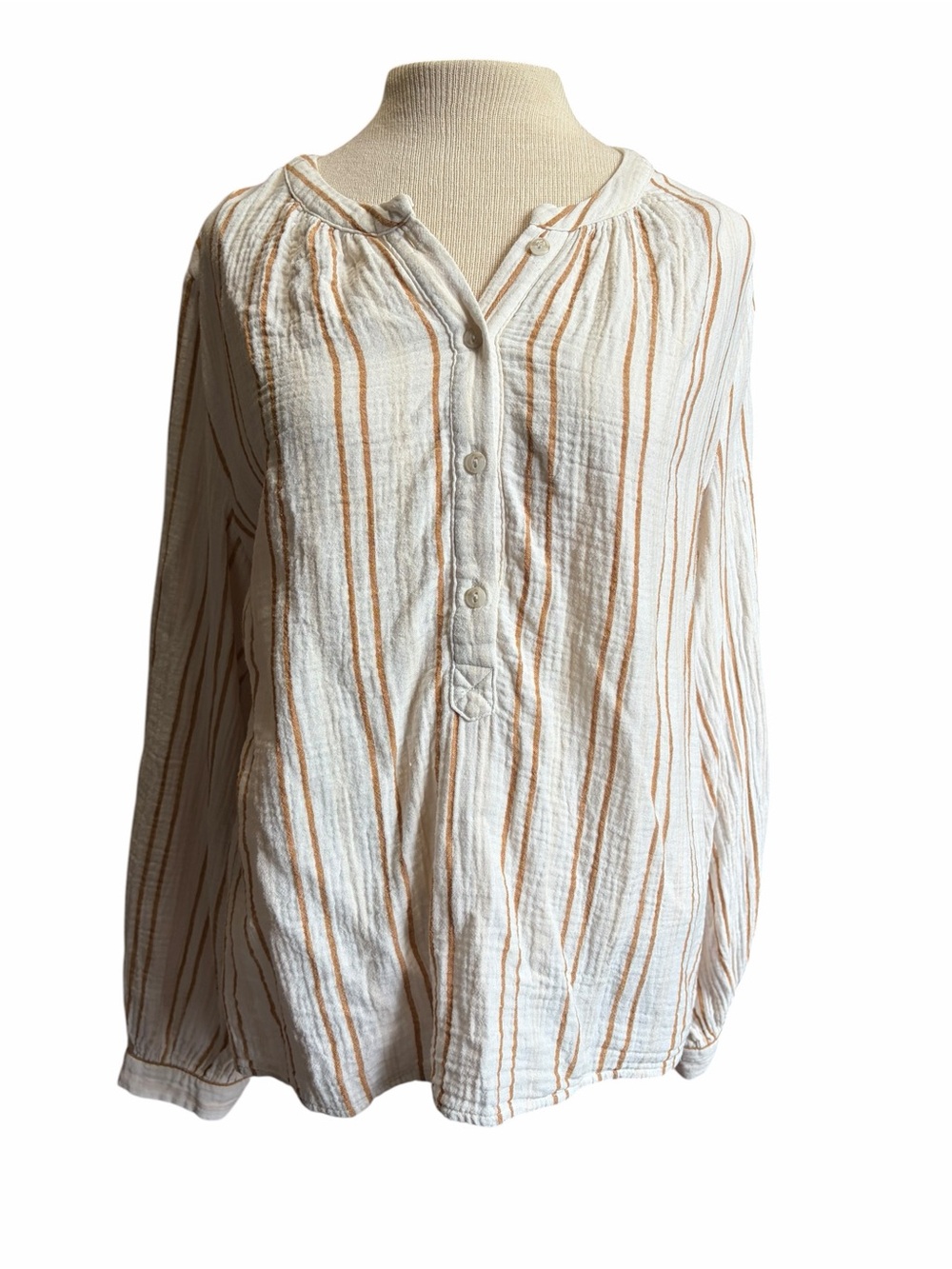Striped Peasant Button-Front Women's Top in Cream and Tan
